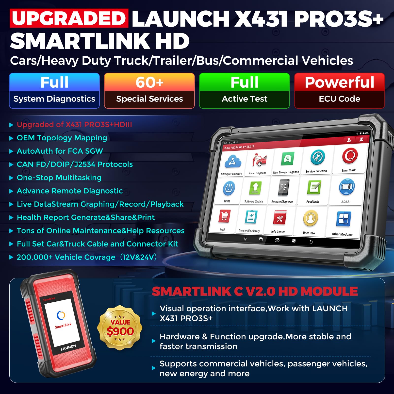 LAUNCH X431 PRO3S+ heavy-duty truck scanning in workshop setting