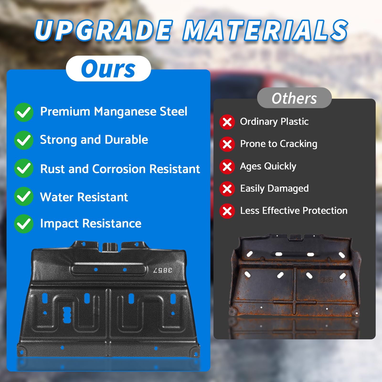 Lazenta engine shield protects undercarriage against road debris and spray.