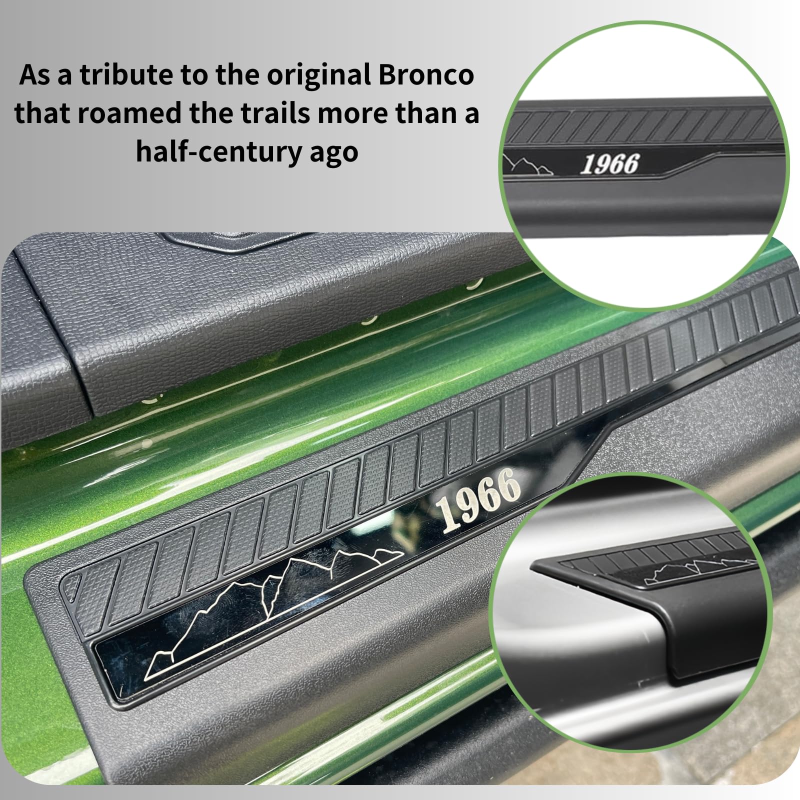 LBNCOBAG Bronco door sill guard closeup shows durable ABS and stainless steel build.
