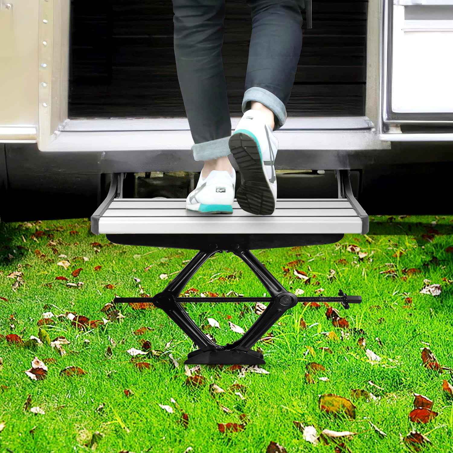 LCGAOYA RV Step Stabilizer in use on campsite for stable entry on uneven ground.