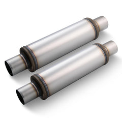 LCGP exhaust muffler side view highlighting stainless steel durability and universal compatibility.