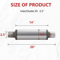 LCGP muffler front view shows 2.5 inch inlet and outlet with robust build.