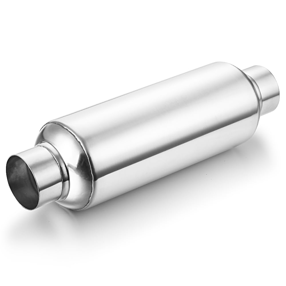 LCGP resonator front view with polished stainless surface and 2.25in inlet/outlet