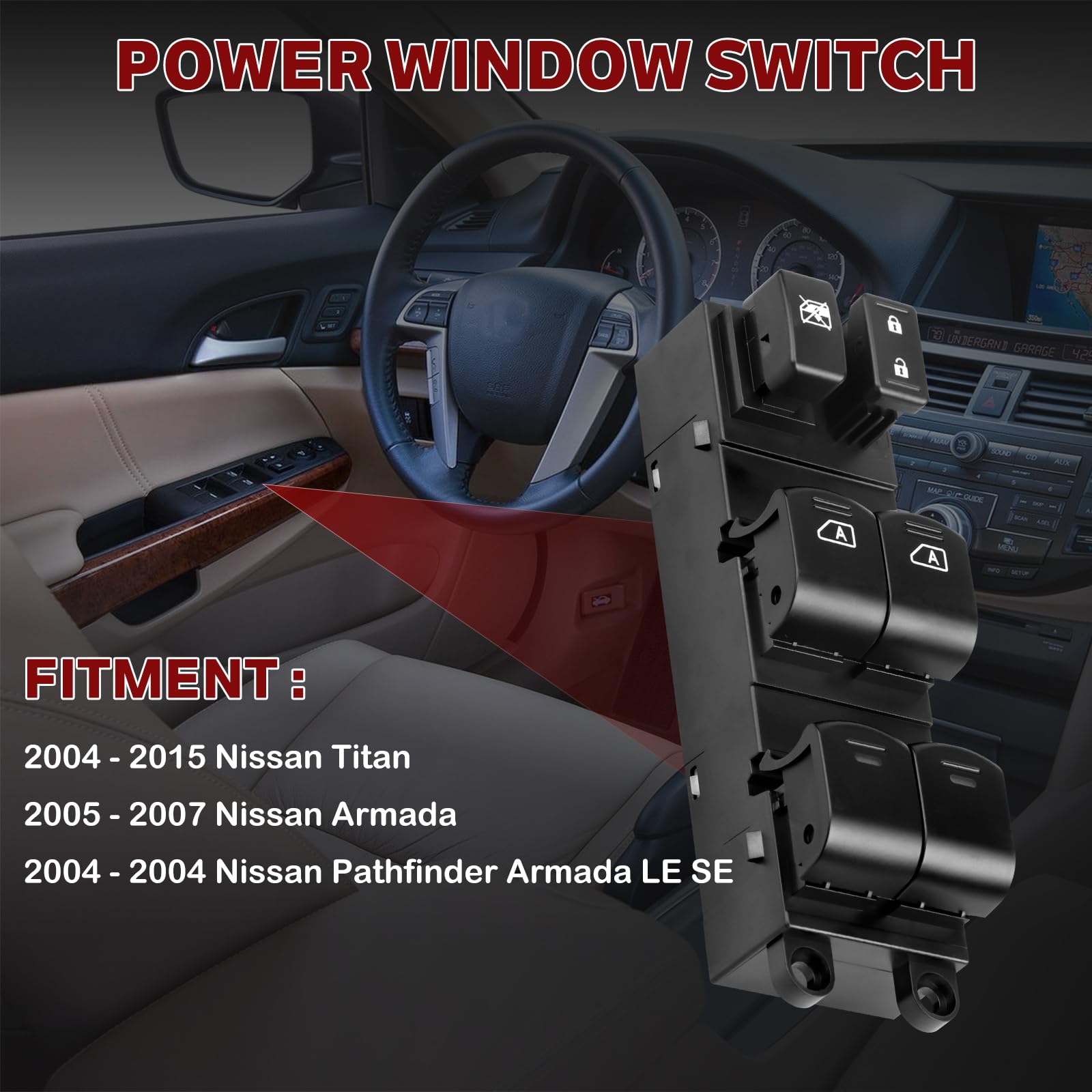 LCWRGS driver-side window switch for Nissan Armada front-left, plug-and-play replacement.
