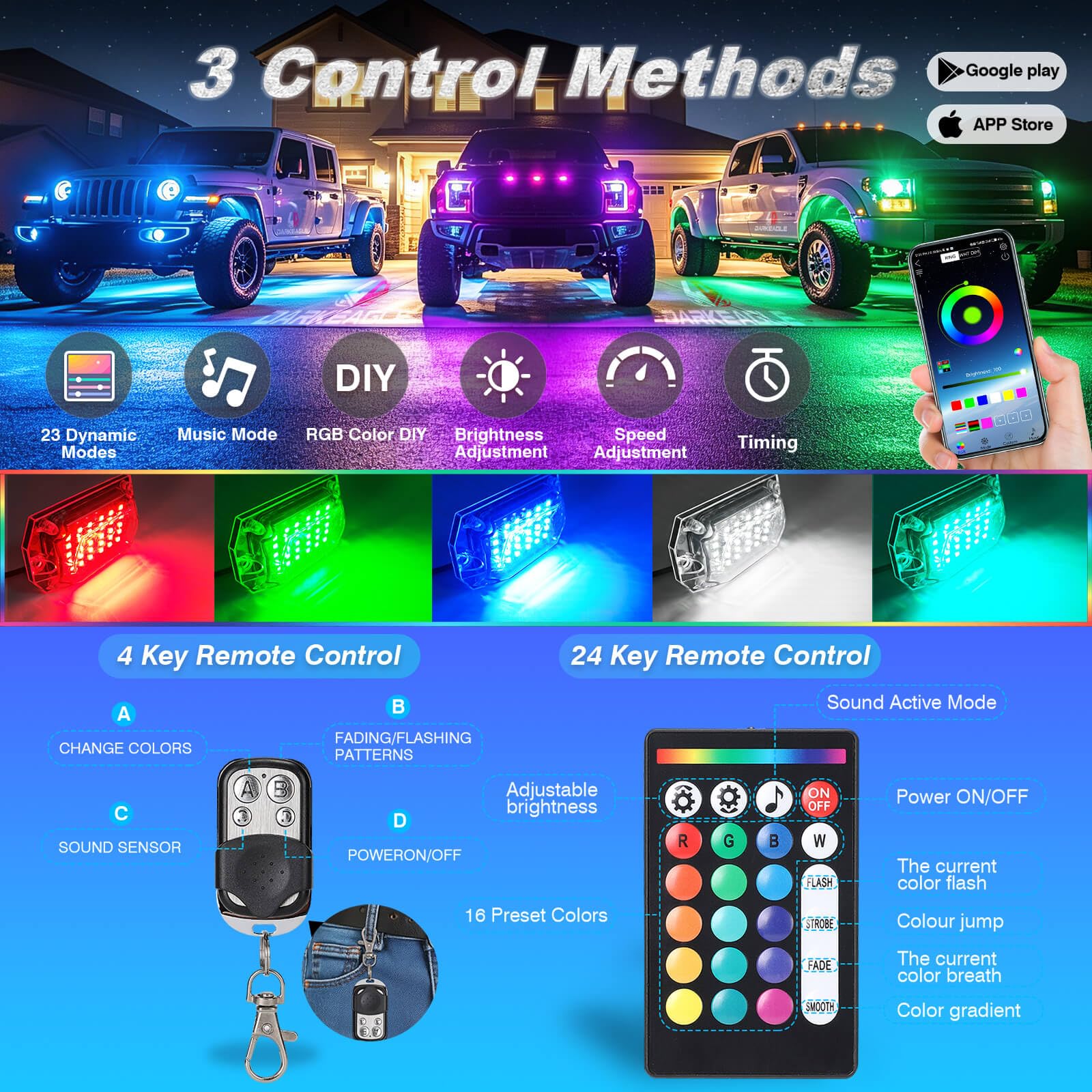 LD DARKEAGLE app control interface for easy color and mode customization.