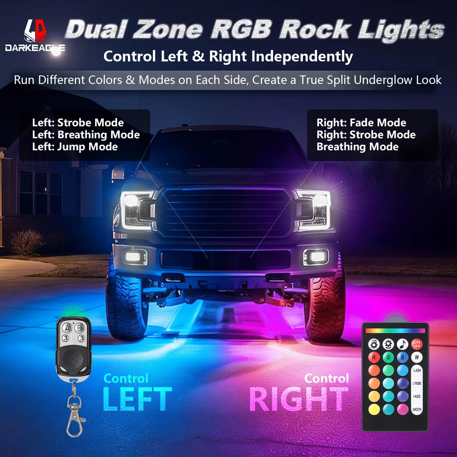 LD DARKEAGLE dual-zone control showing independent left-right color patterns.