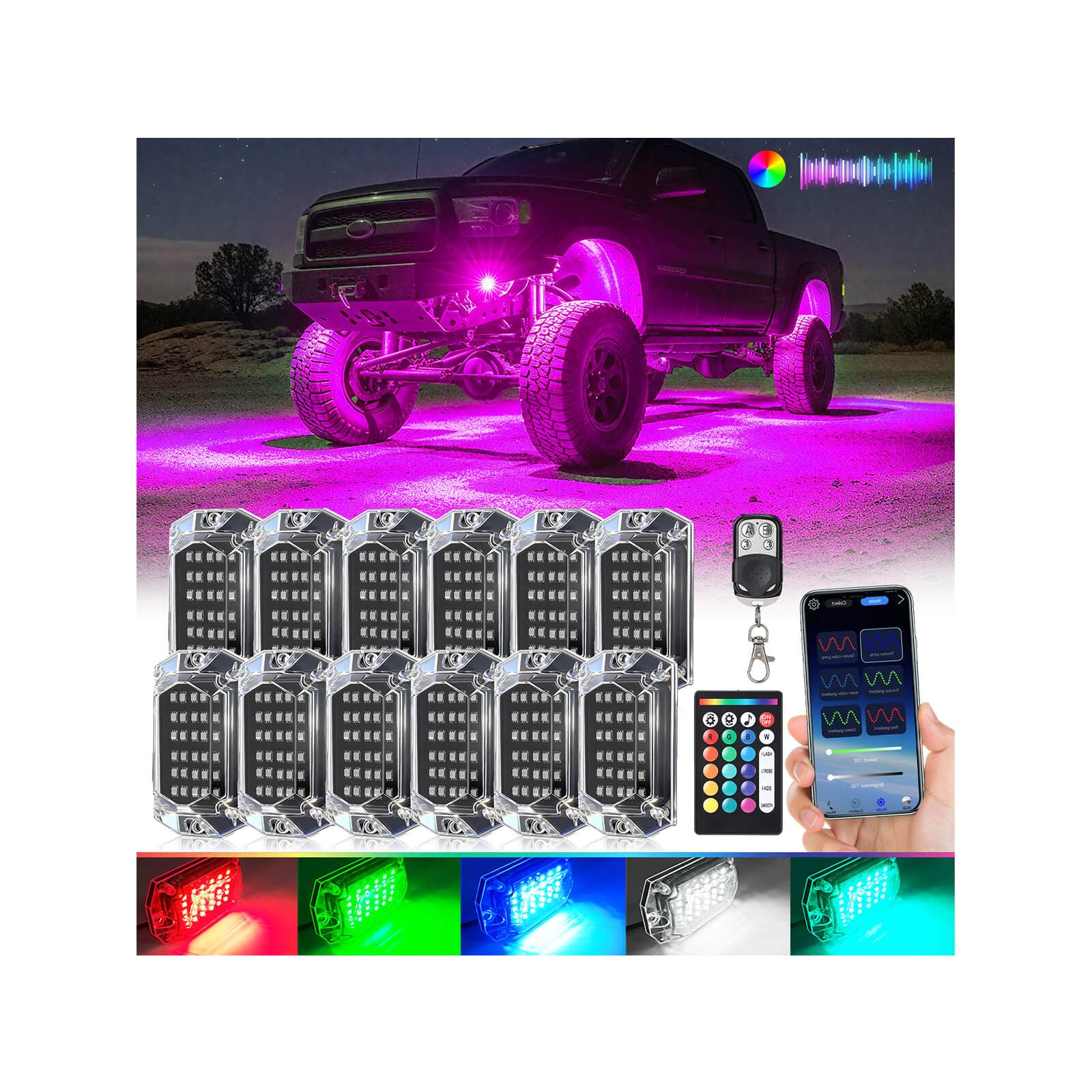 LD DARKEAGLE 12Pods full-angle RGB rock lights illuminate the underbody for safer night driving.