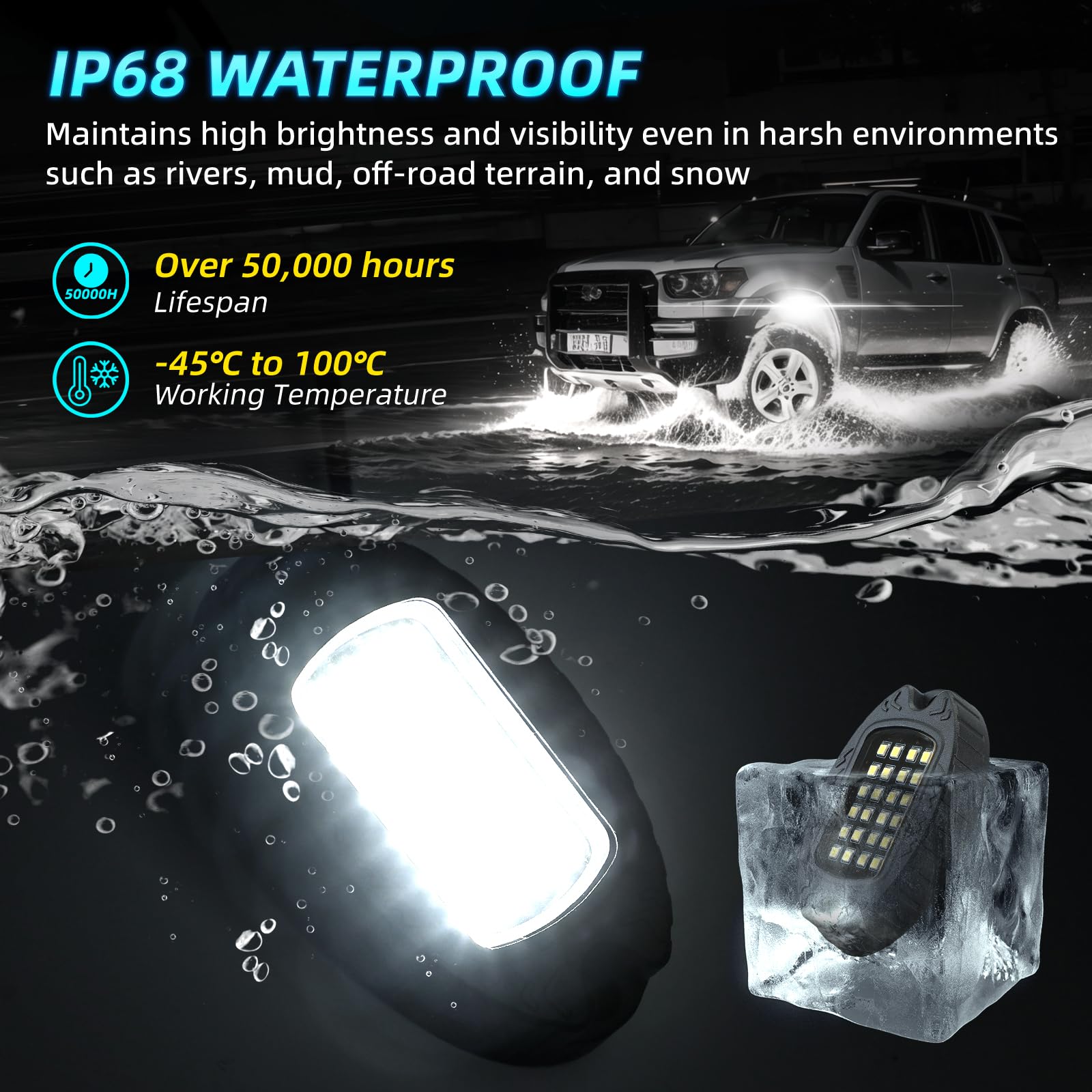 LD DARKEAGLE rock light features IP68 waterproof performance in wet conditions.