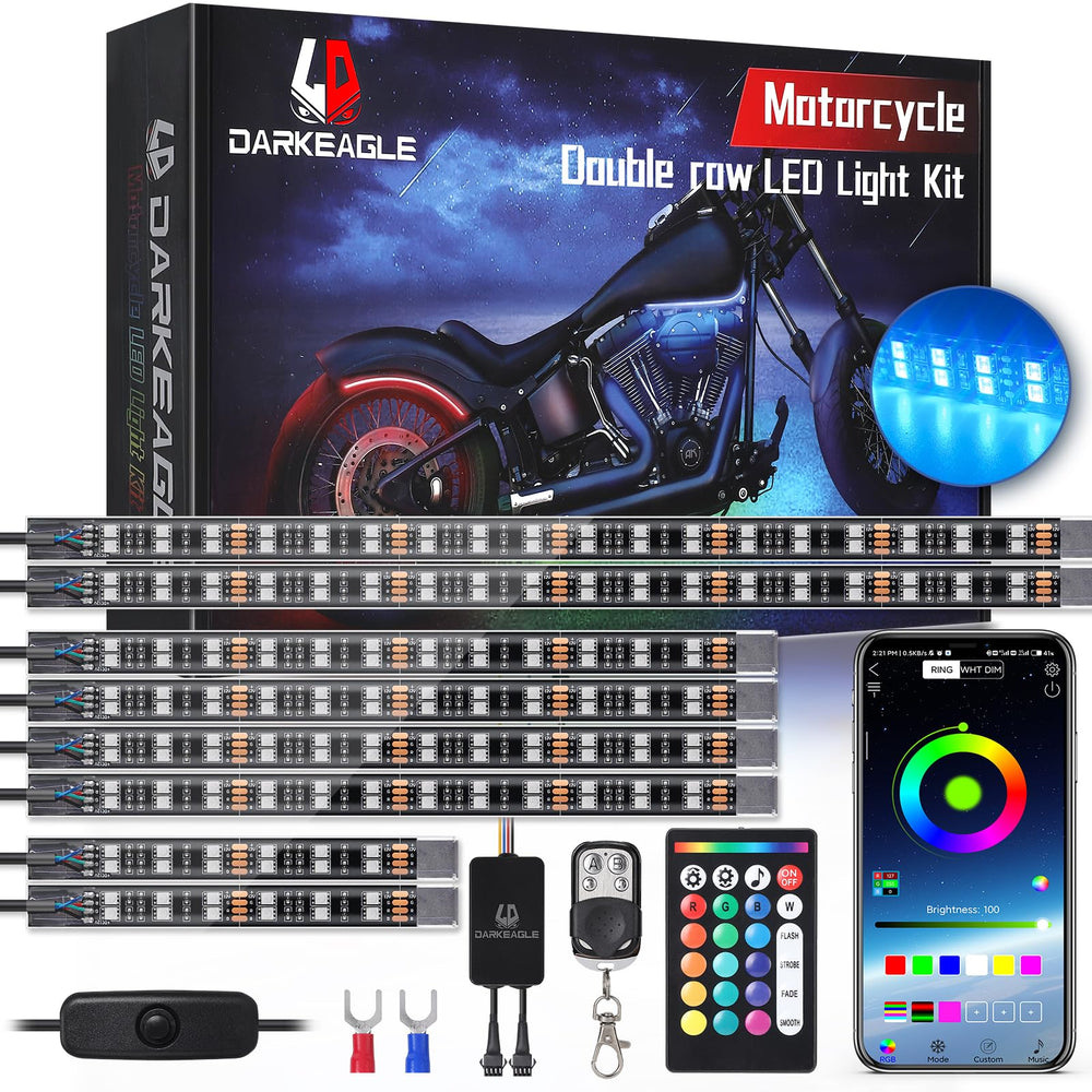 LD DARKEAGLE 8-piece double-row underbody RGB kit glows brightly for night rides.