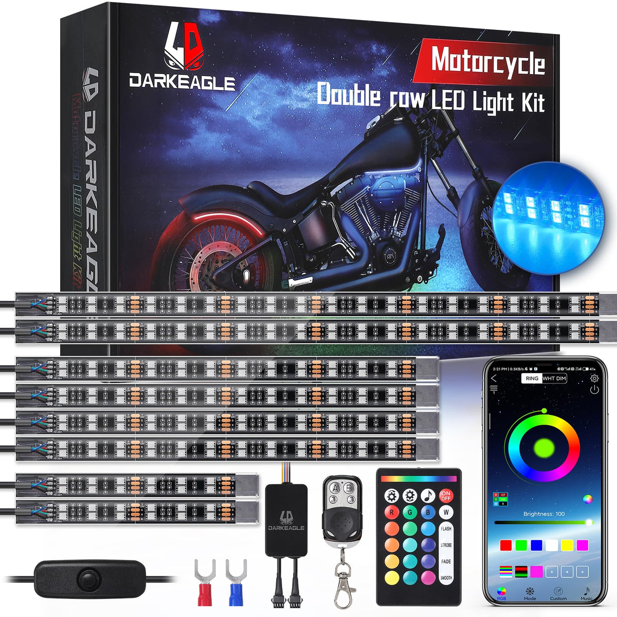 LD DARKEAGLE 8-piece double-row underbody RGB kit glows brightly for night rides.