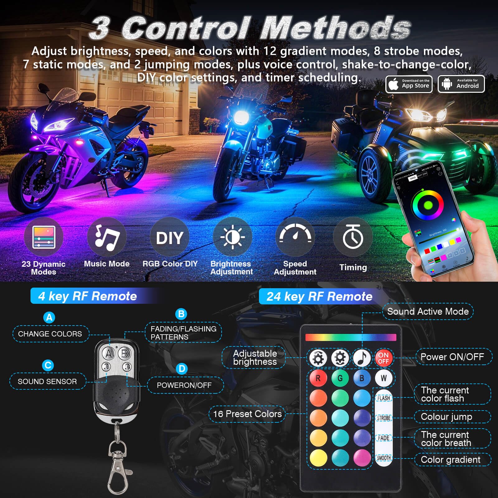LD DARKEAGLE app and RF remote control for easy color tuning and effects.