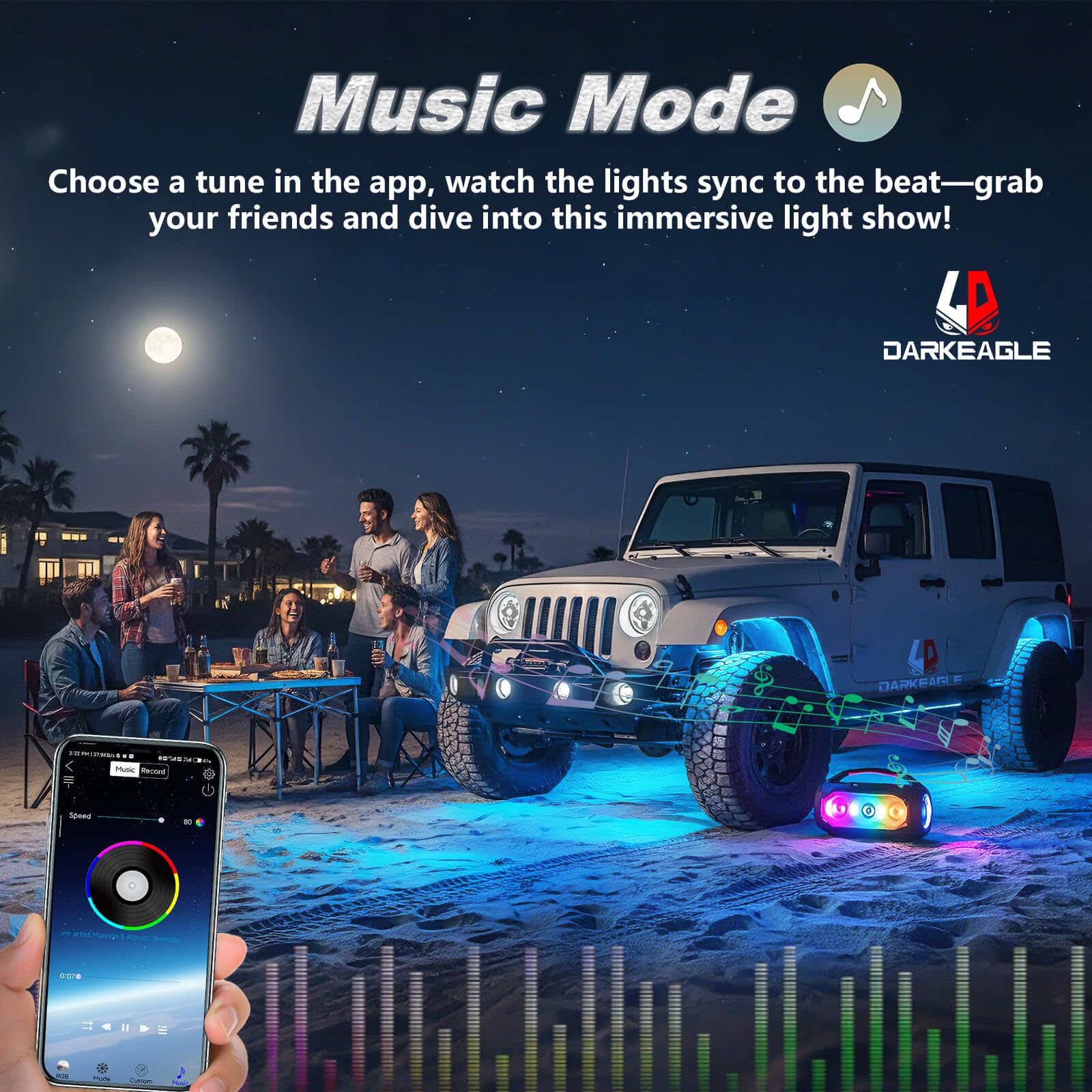 LD Darkeagle app and RF remote offer easy color and mode customization.
