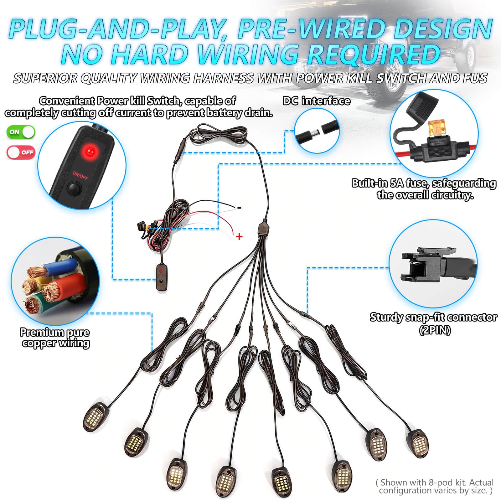 LD DARKEAGLE IP67 waterproof rock lights withstand rain and mud for reliable night visibility.