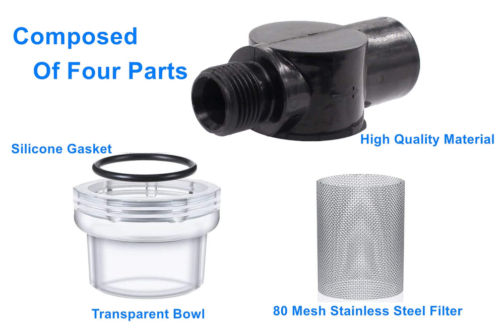 Transparent body enables quick debris checks before operating your RV system.