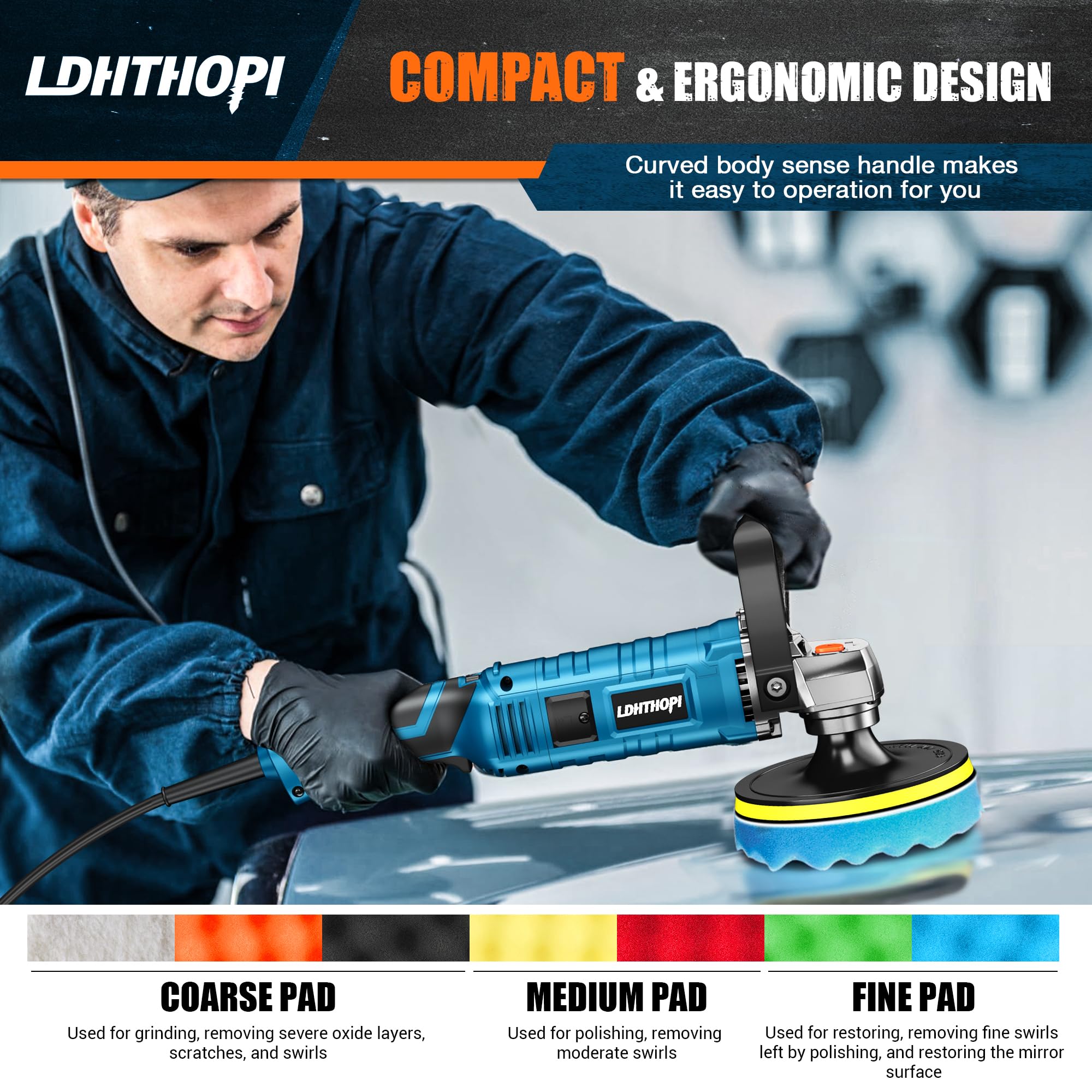 LDHTHOPI buffer polisher pad set wool-orange-black targets deep scratches and oxidation.