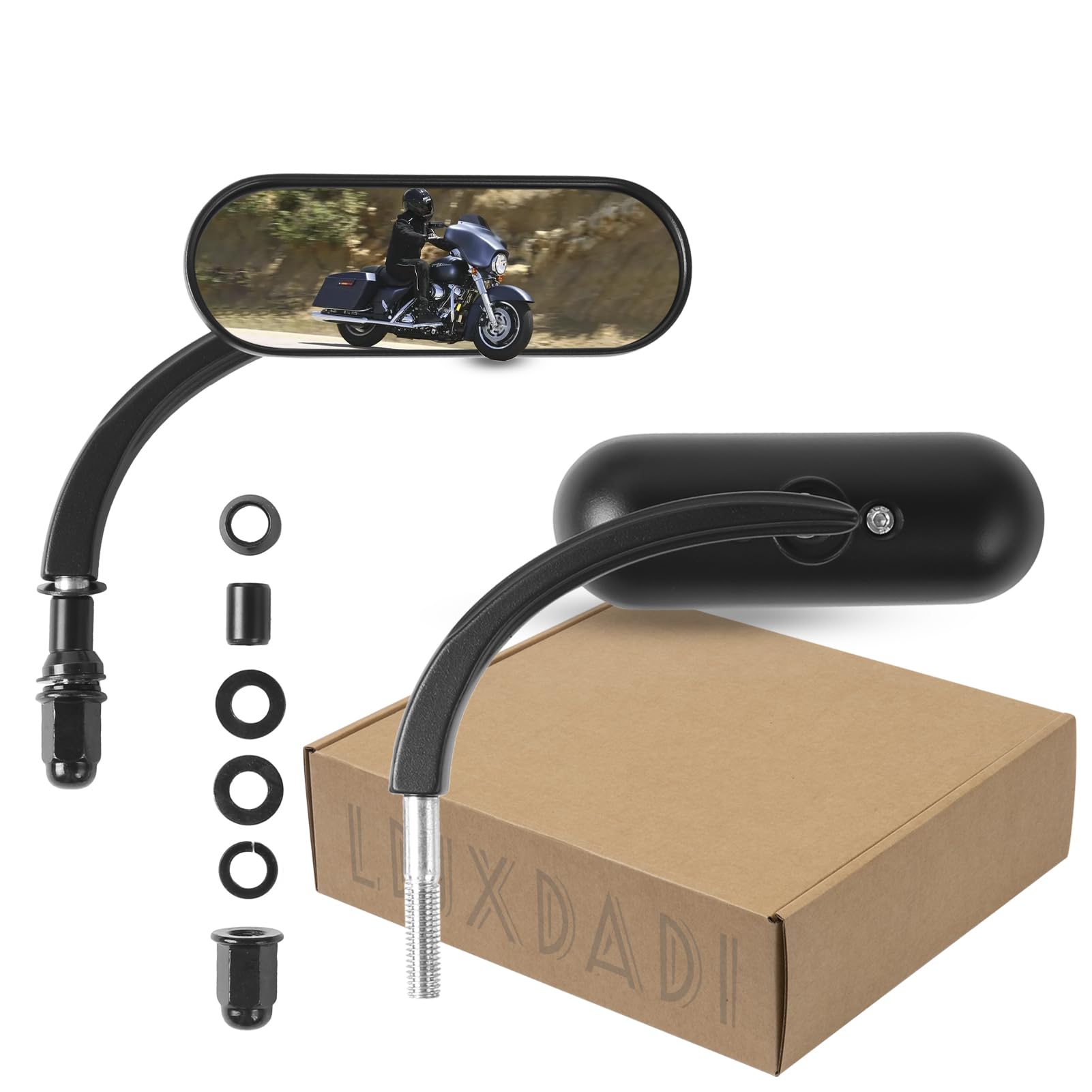 LDJXDADI black Sportster mirror pair front view showing broader visibility