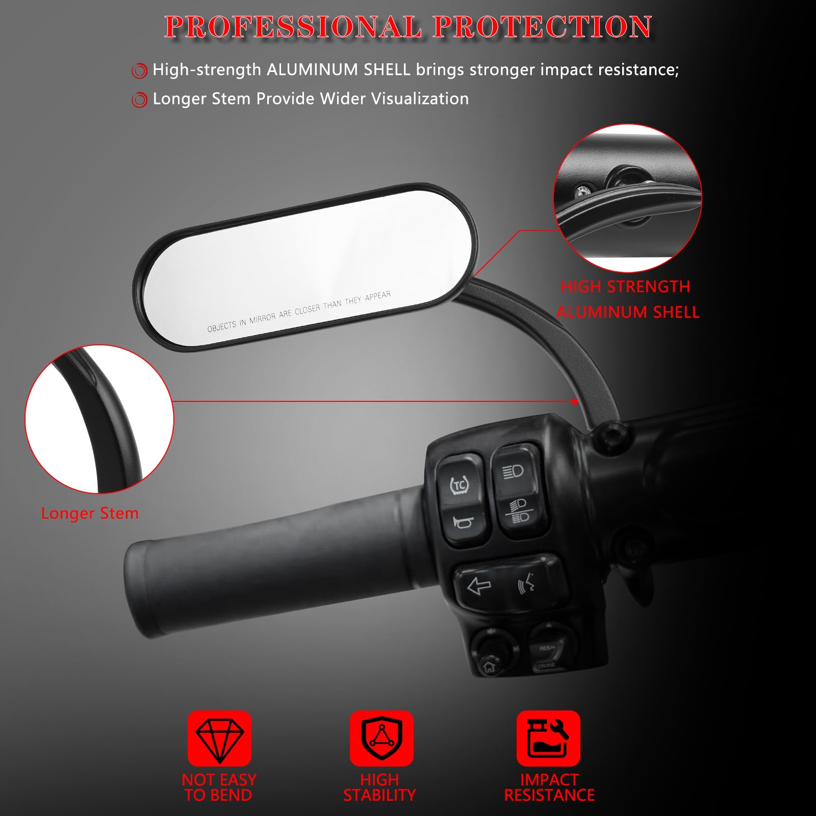 LDJXDADI right-side view of Sportster mirror with outward reach