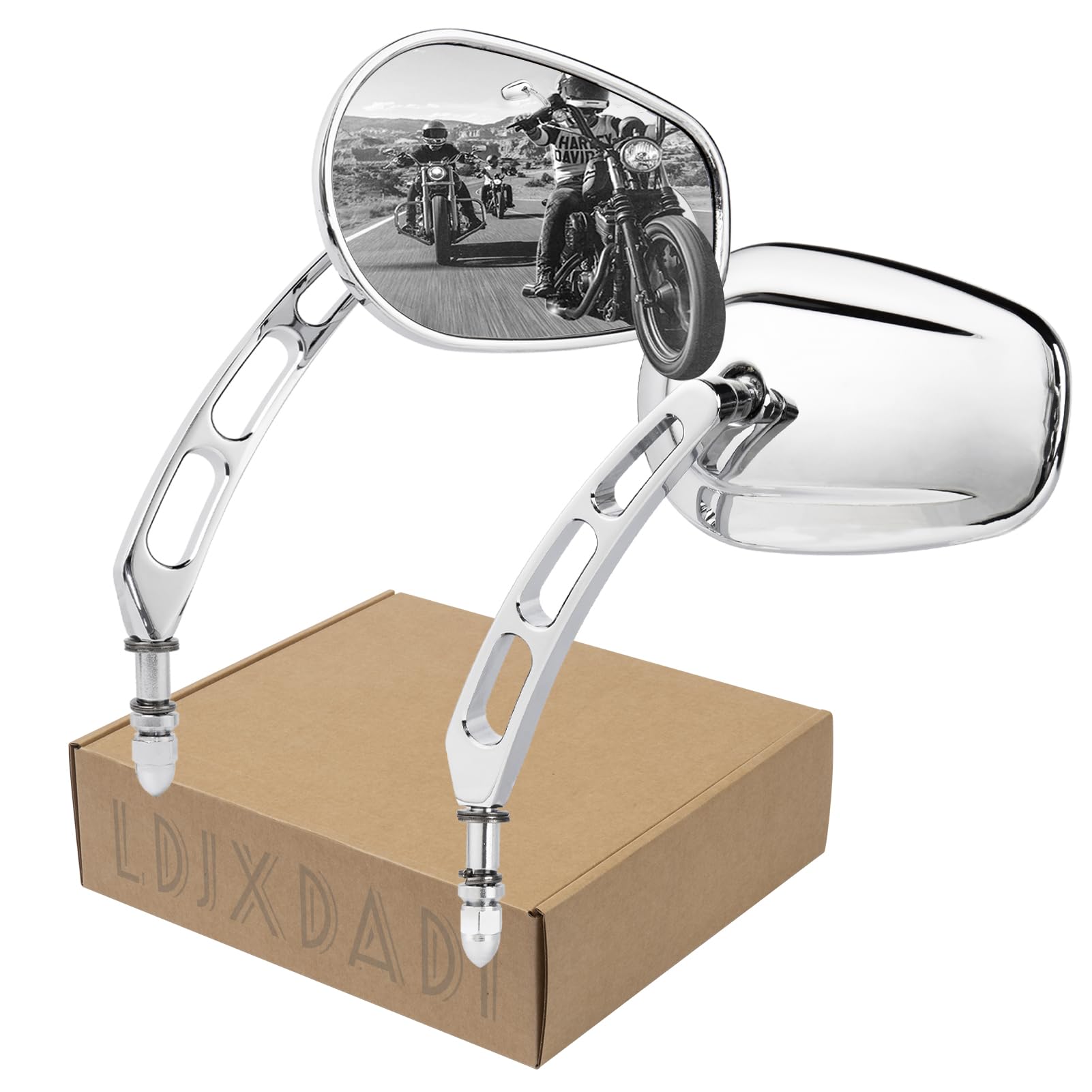 LDJXDADI chrome 8mm rearview mirror close-up showing durable chrome finish for touring.