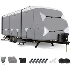Leader Accessories travel trailer cover front view showing protective top panel and fit