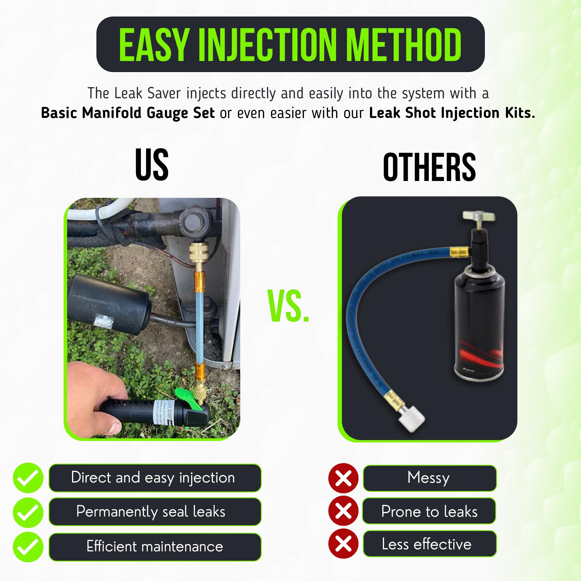 Leak Saver Direct Inject AC Leak Sealer injection kit usage enables precise sealing without messy tools.