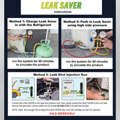 Leak Saver Direct Inject UV all-systems compatibility illustration highlights universal refrigerant support.
