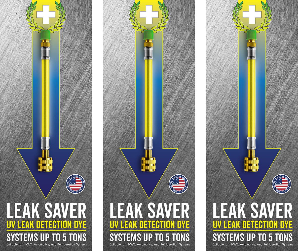 Leak Saver UV Dye 3-pack packaging shows easy detection convenience.