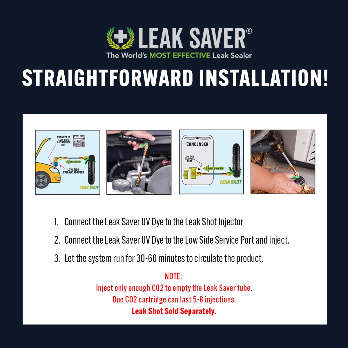 UV glow spot reveals leaks with Leak Saver Dye under light.
