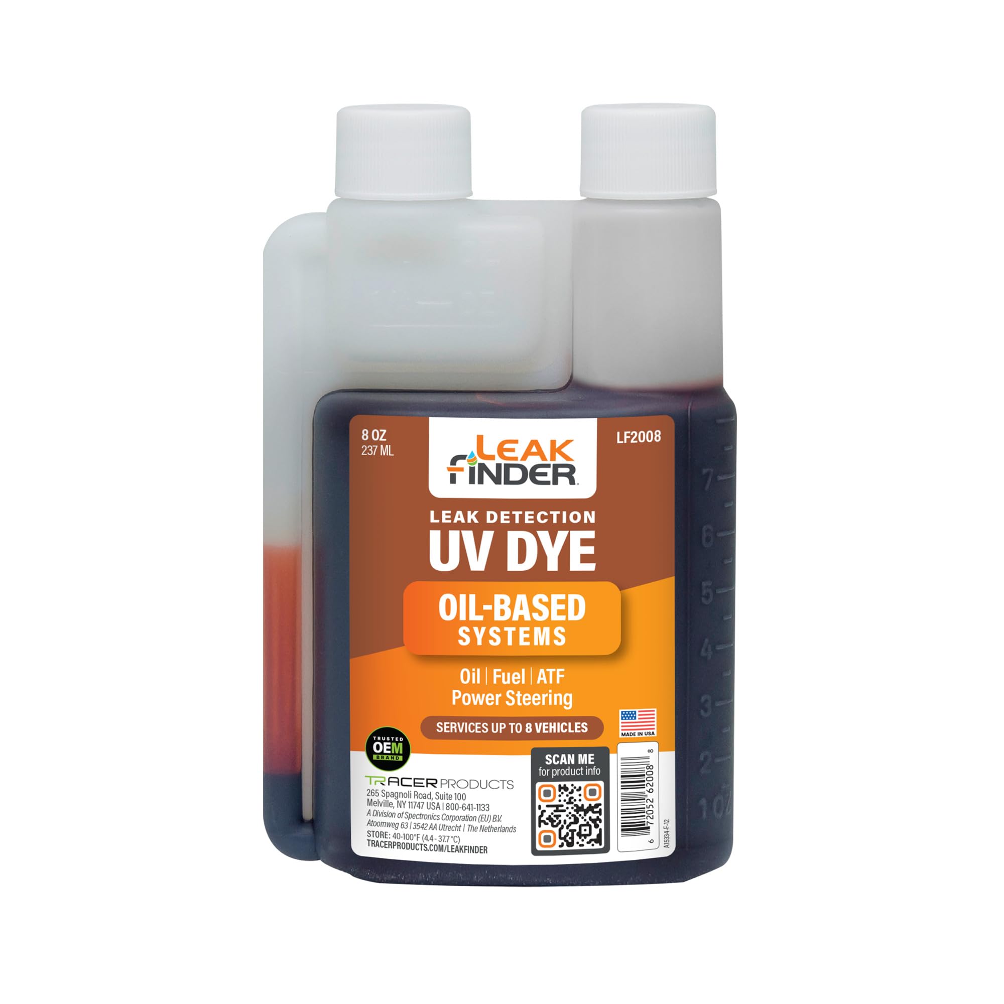 LeakFinder LF2008 dye bottle 8oz glowing for quick leak detection.