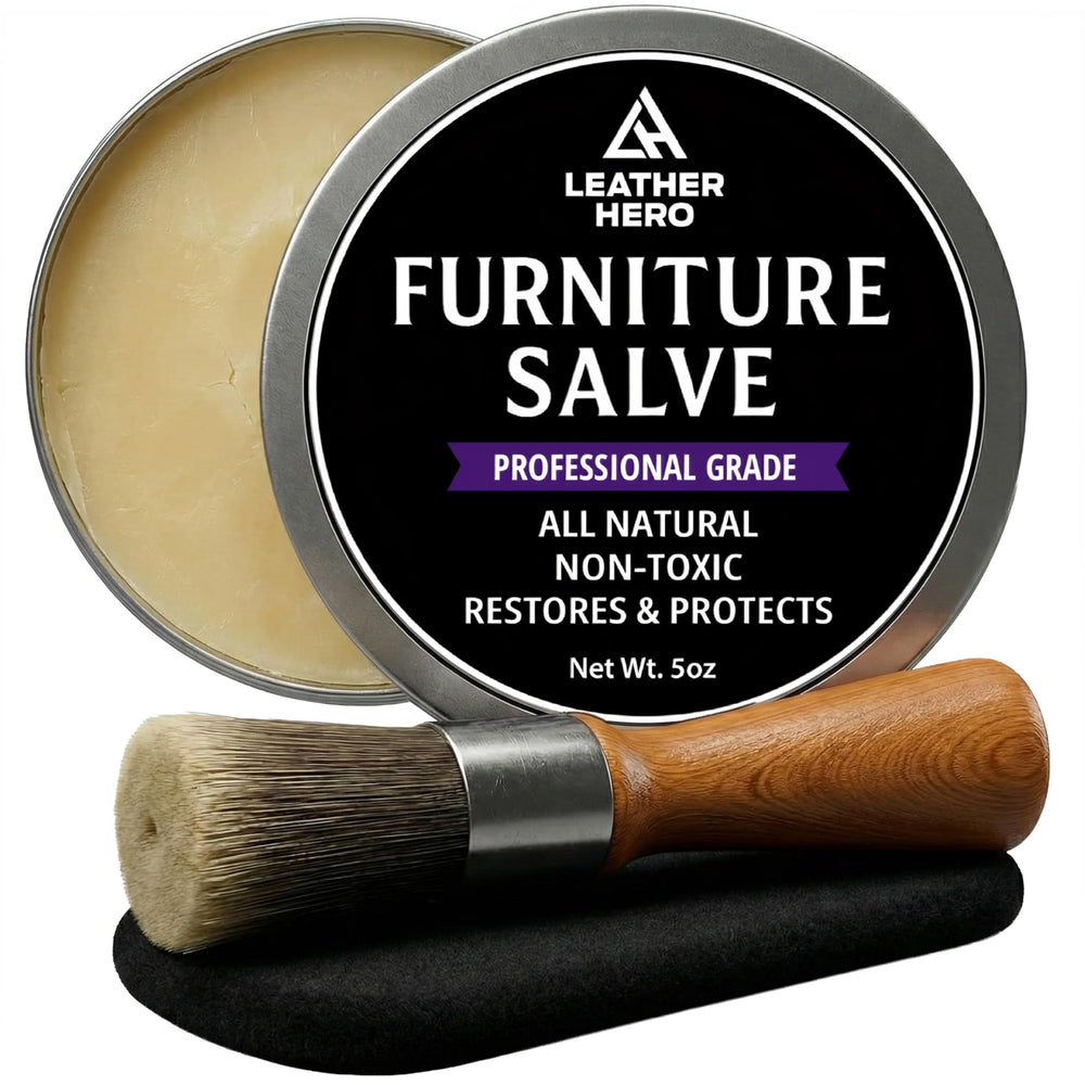 Leather Hero 3-in-1 salve bottle for restoring cracked leather and fading color.
