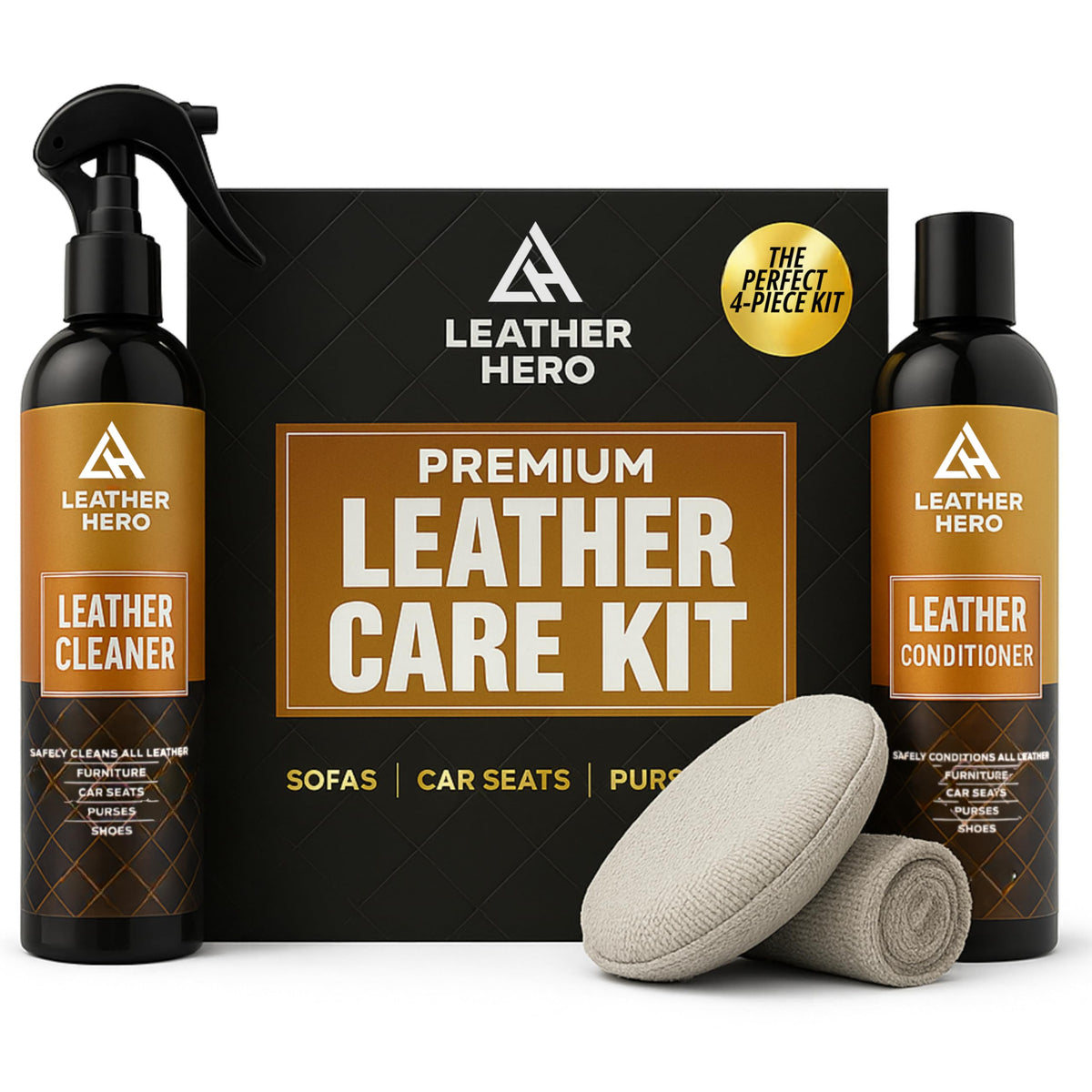 Leather Hero cleaner bottle pour lifts dirt from leather surfaces