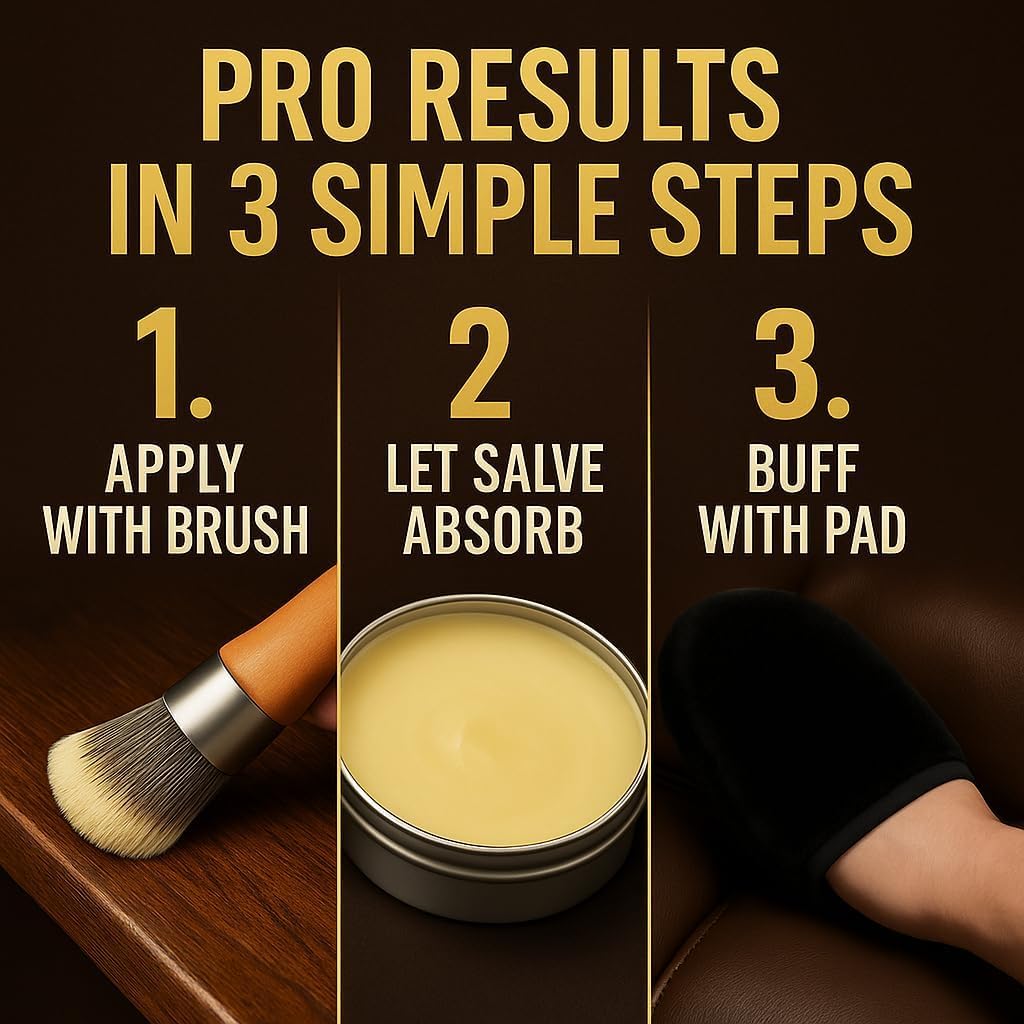Leather Hero packaged set shown with brush and buffing pad for fast, professional results.