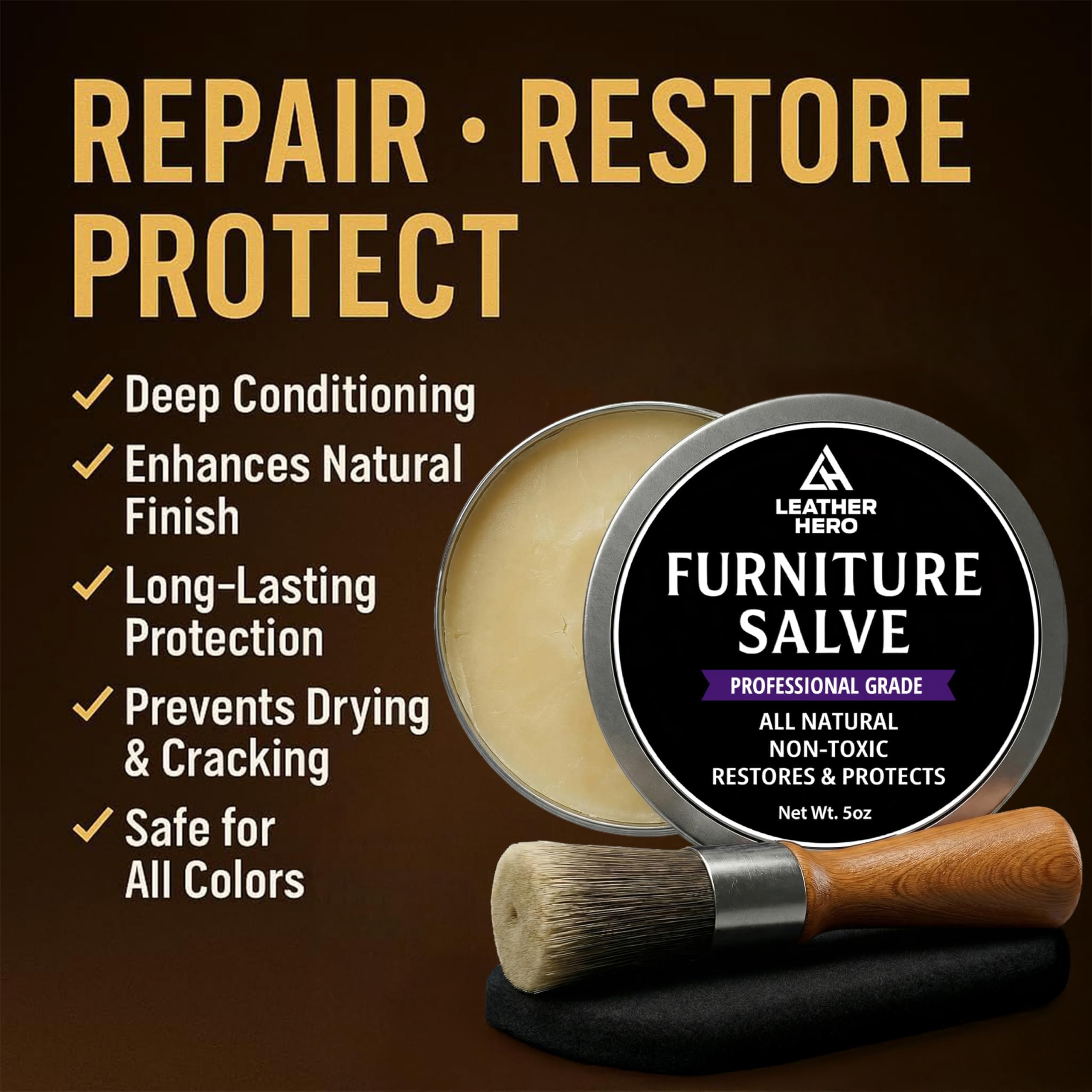 Leather Hero multi-surface furniture salve for wood and leather delivering a natural shine.