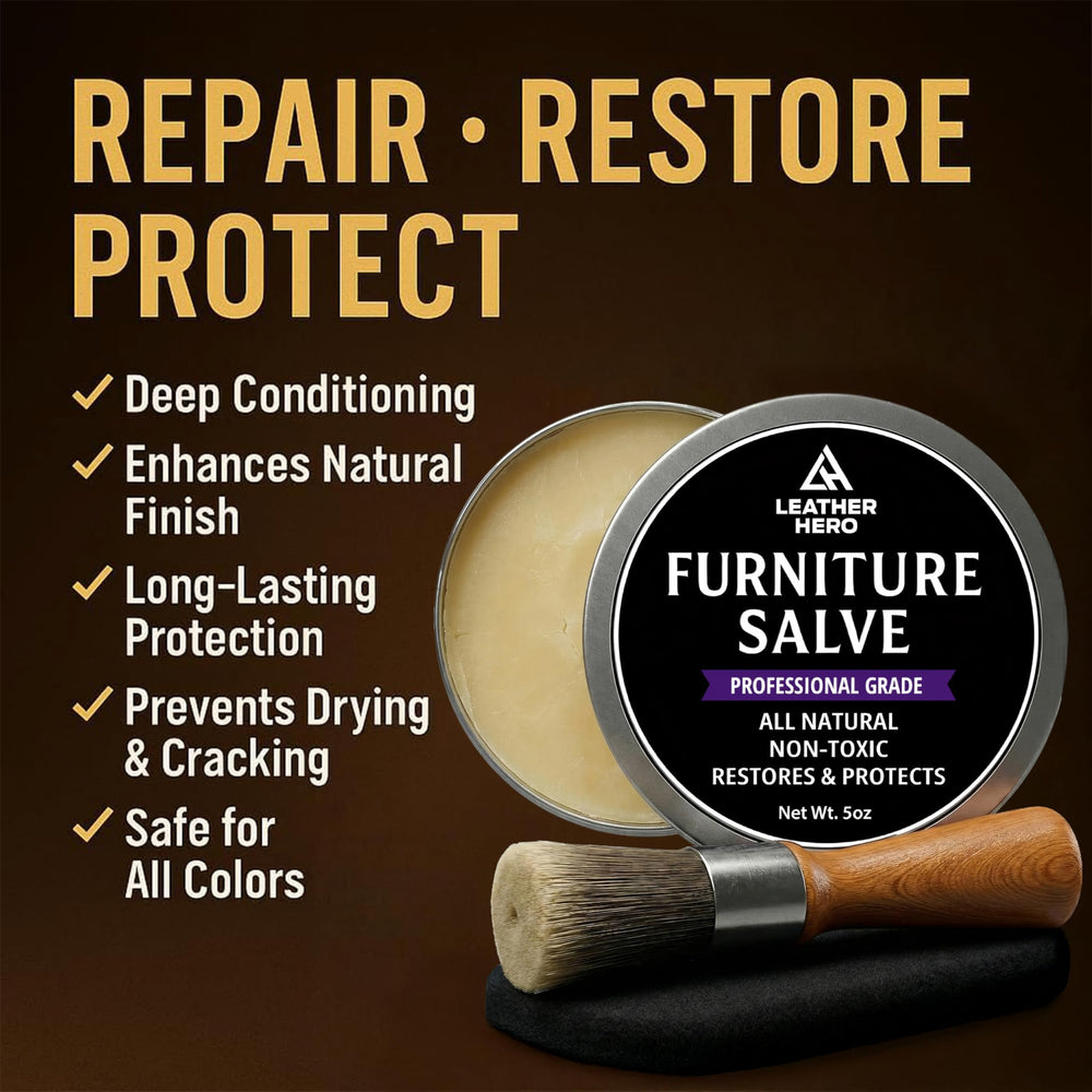 Leather Hero multi-surface furniture salve for wood and leather delivering a natural shine.