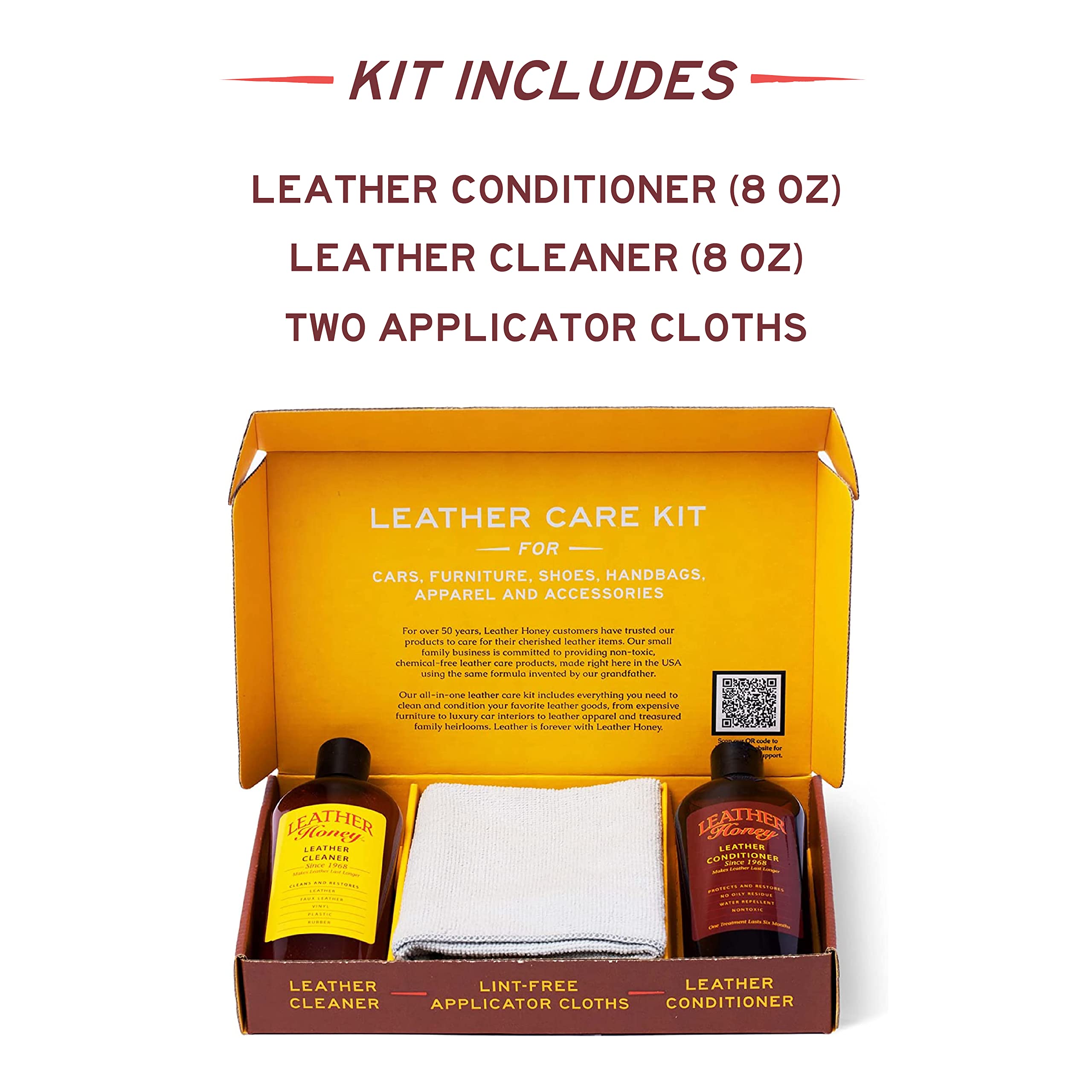 Leather Honey cleaner bottle close-up, fragrance-free formula safe for leather goods.