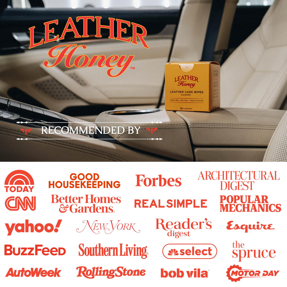 Leather Honey wipes label highlights non-toxic, odorless formula.