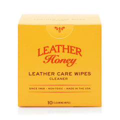 Leather Honey cleaner wipe pack shown, convenient on-the-go leather care for quick dirt removal.
