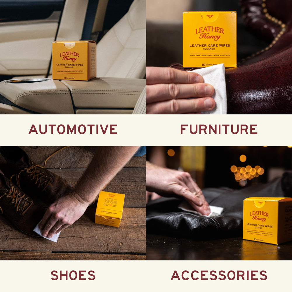 Leather Honey cleaner wipe in action on car seat for quick refresh.