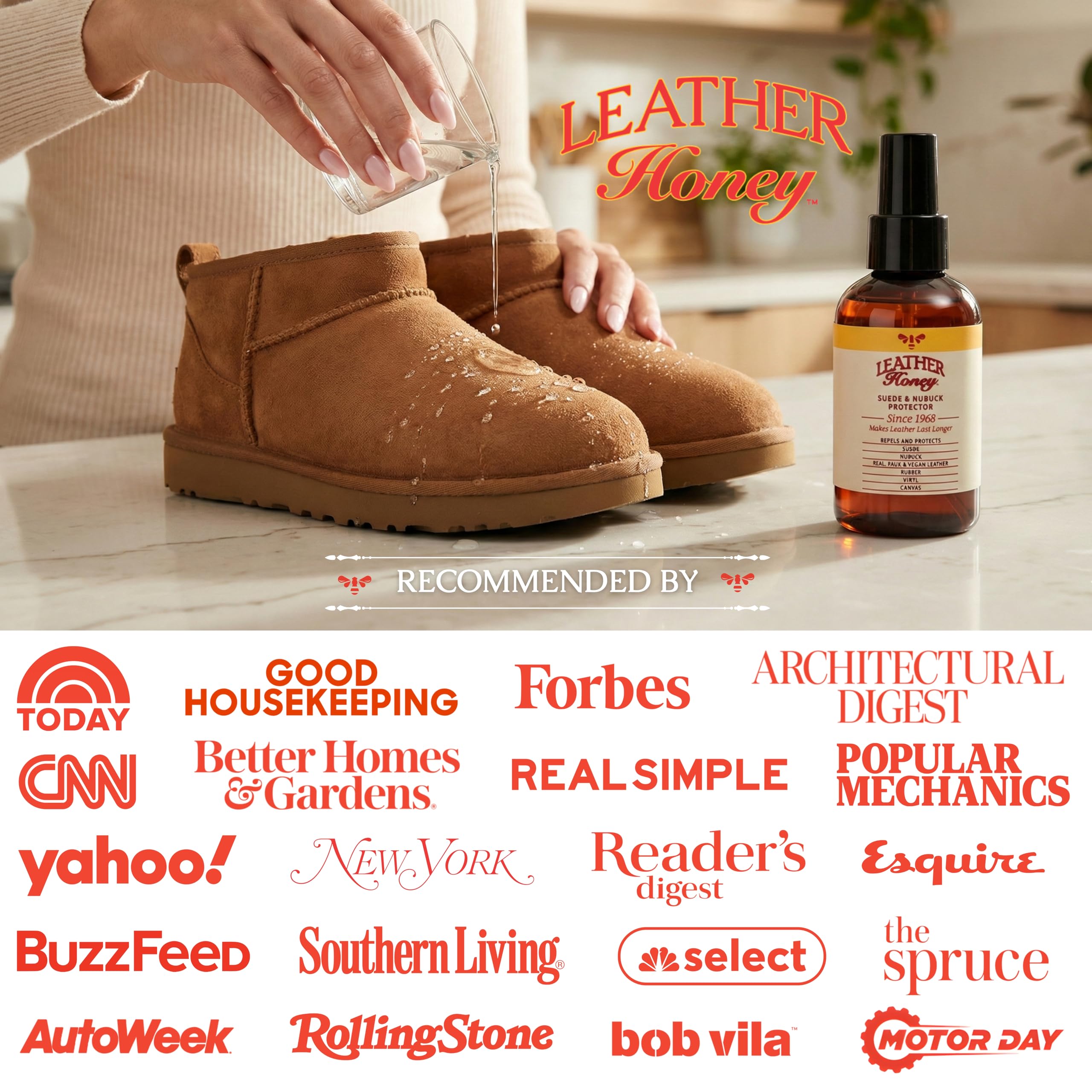Leather Honey clothing safeguarded by suede spray for durable everyday wear.