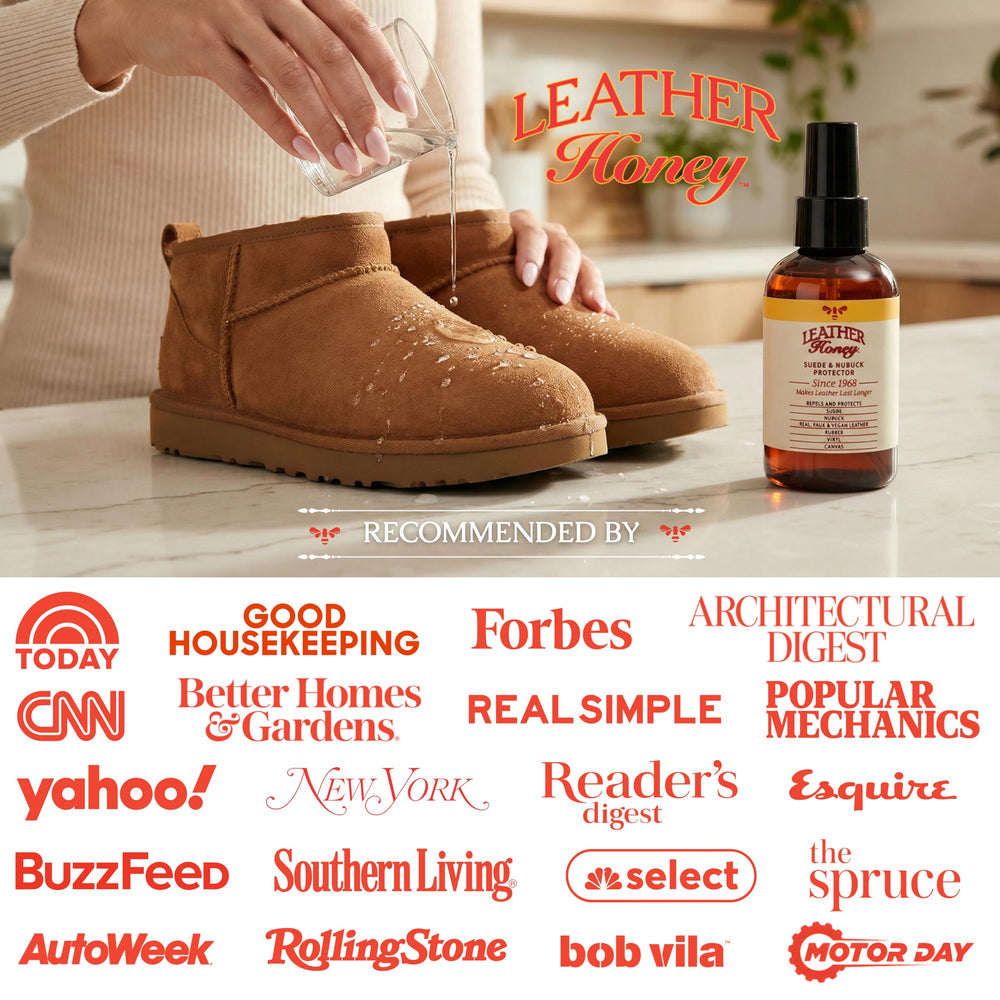 Leather Honey clothing safeguarded by suede spray for durable everyday wear.