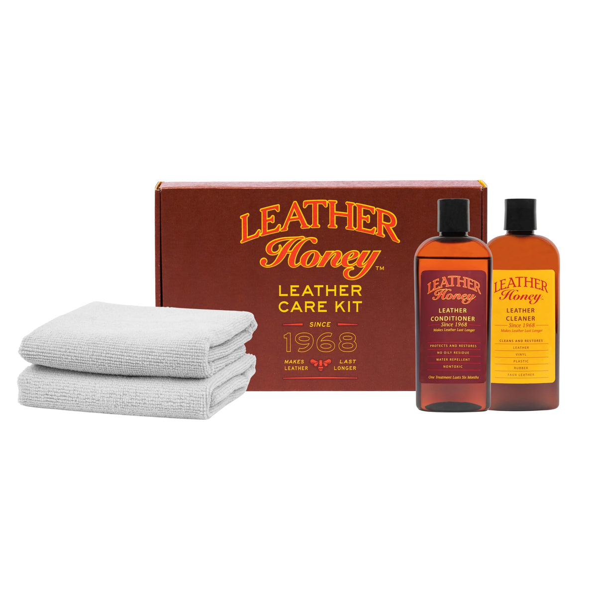 Leather Honey cleaner bottle in kit, non-toxic formula for leather care.