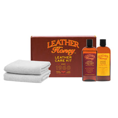 Leather Honey cleaner bottle in kit, non-toxic formula for leather care.