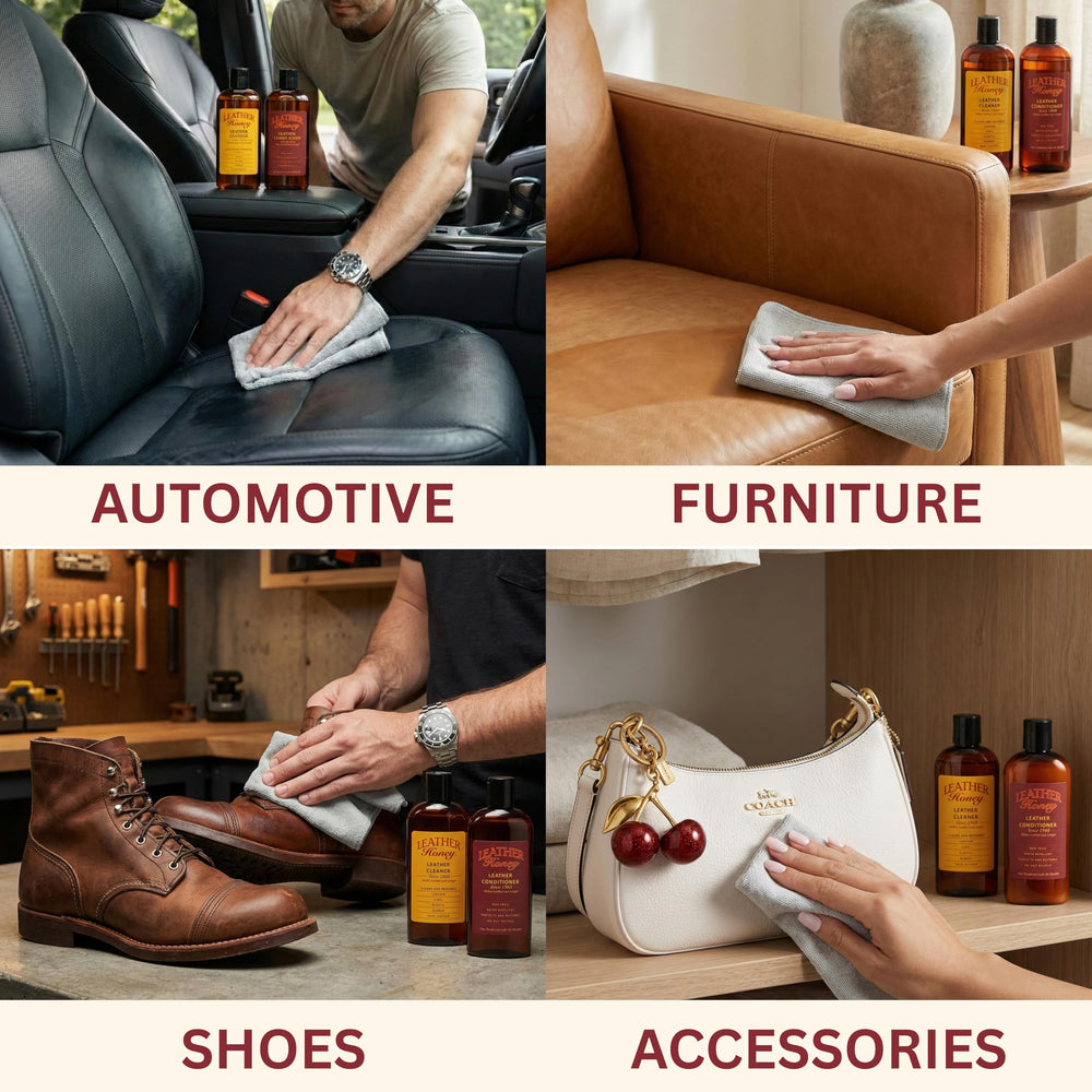 Leather Honey conditioner bottle in kit, nourishes new and old leather.