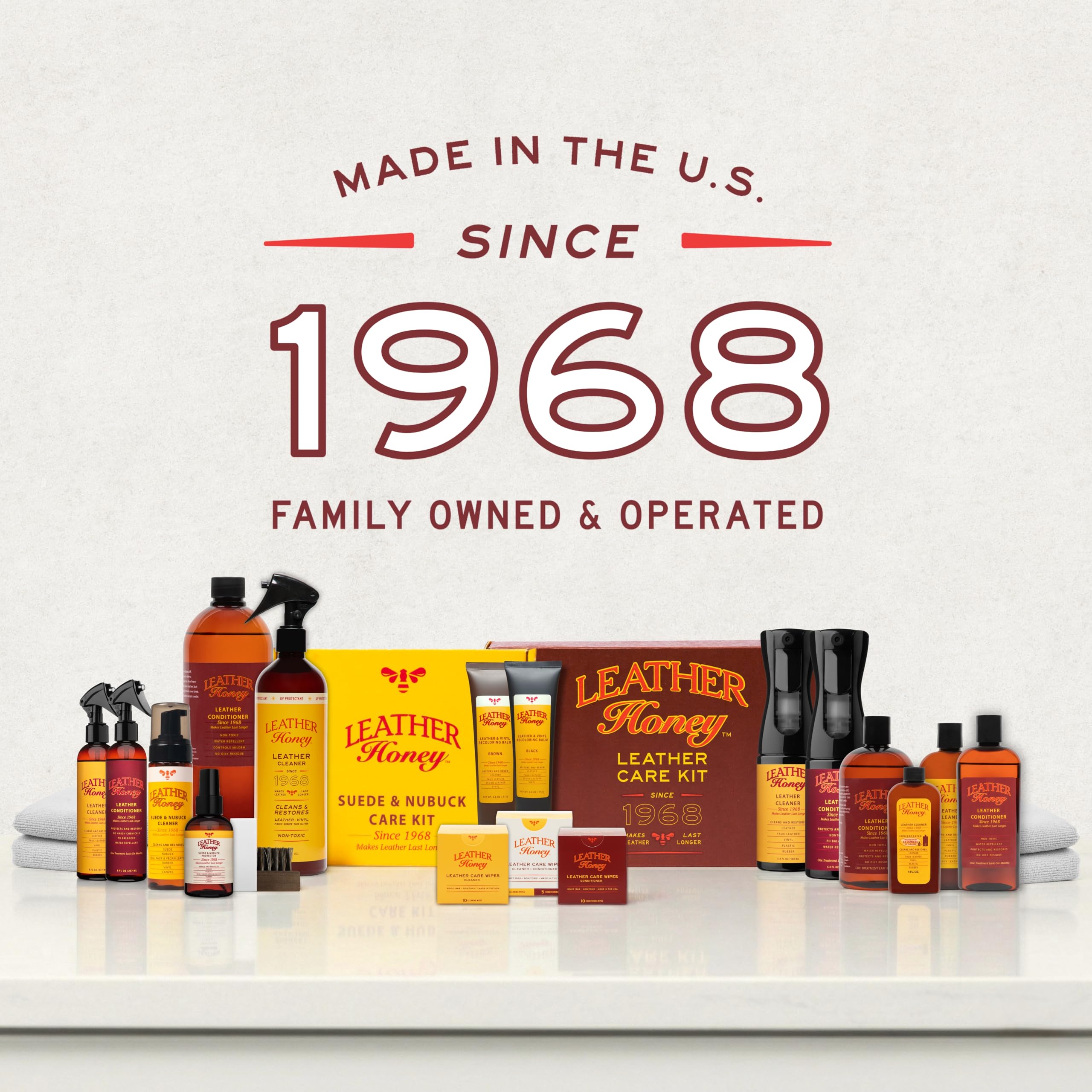 Leather Honey kit shown on furniture and car interior, versatile leather care.