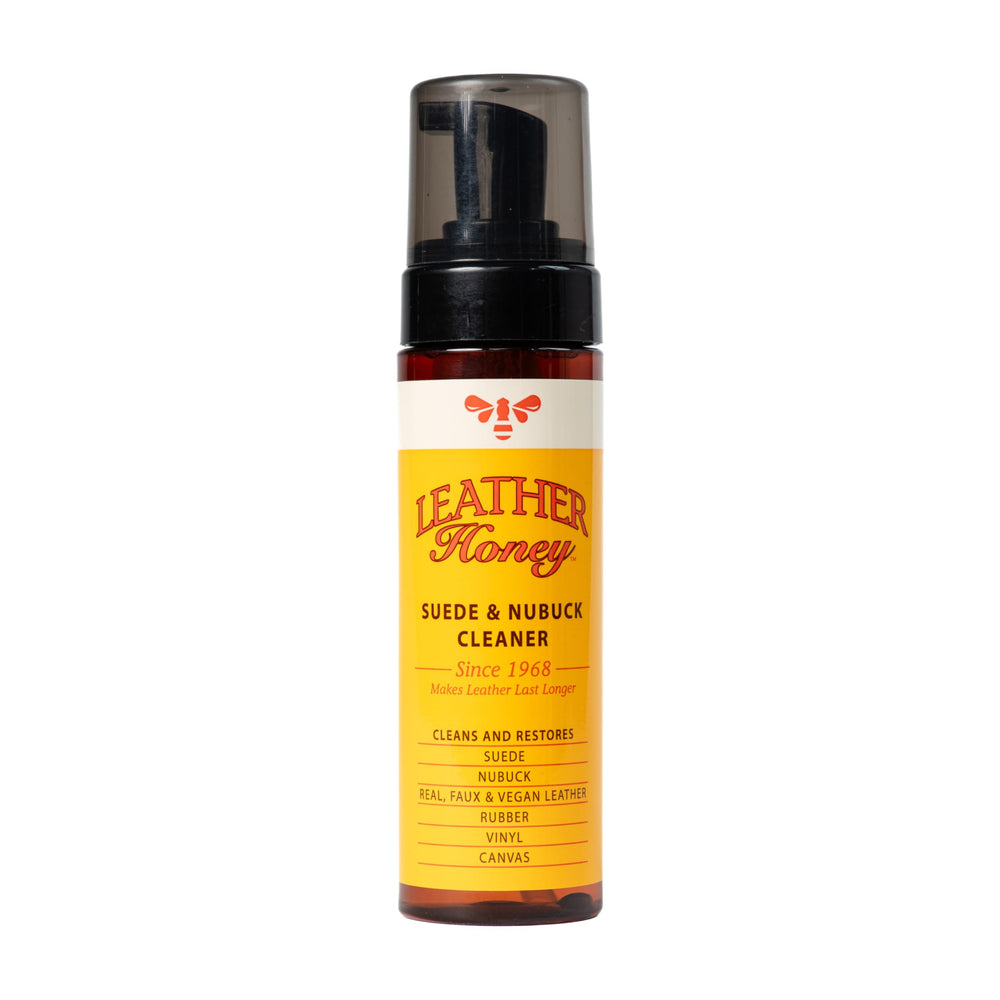Leather Honey Suede Cleaner bottle pour demonstrates easy application for spotless suede.