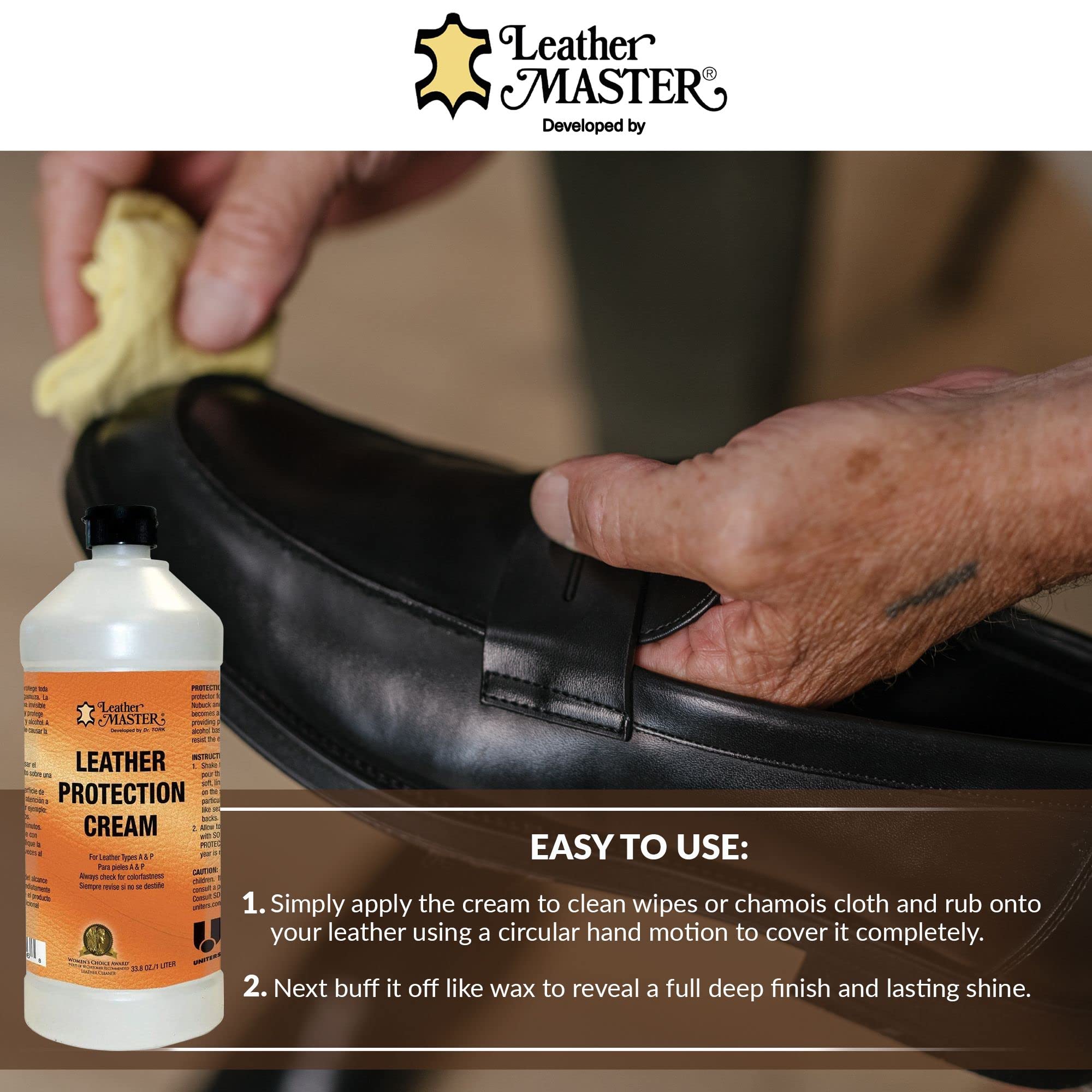 Applying Leather Master protection cream with a clean cloth for even coverage.