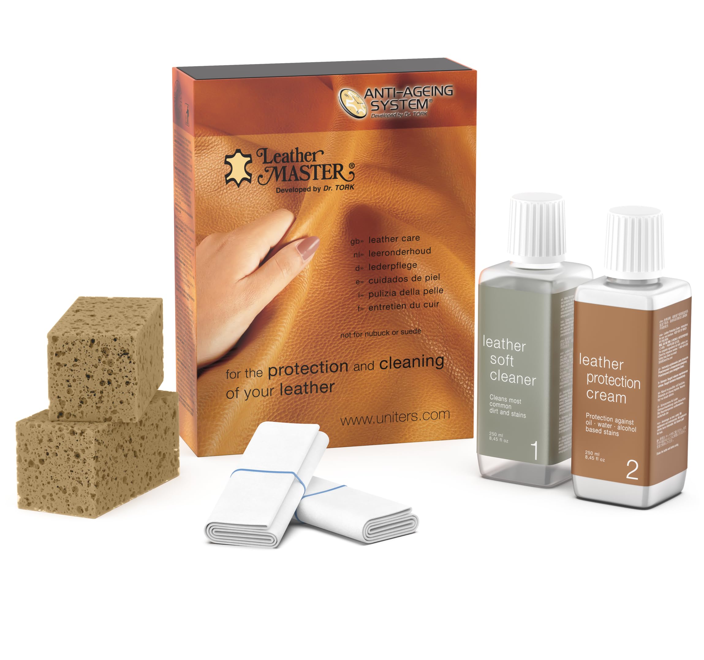 Leather Master Leather Cleaner bottle showing deep-clean action for leather surfaces