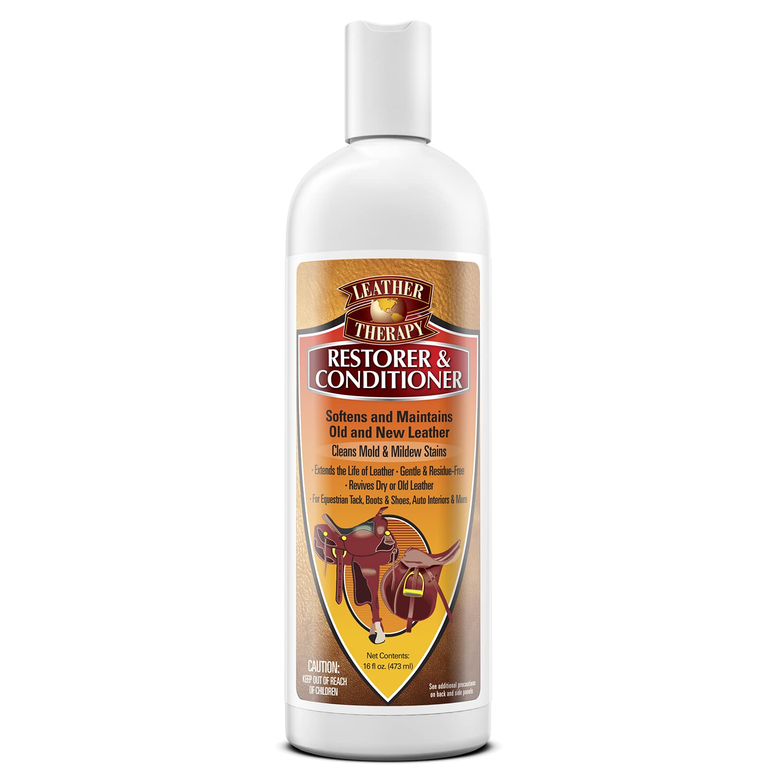 Leather Therapy Premium Restorer bottle pouring to revitalize leather and improve feel.