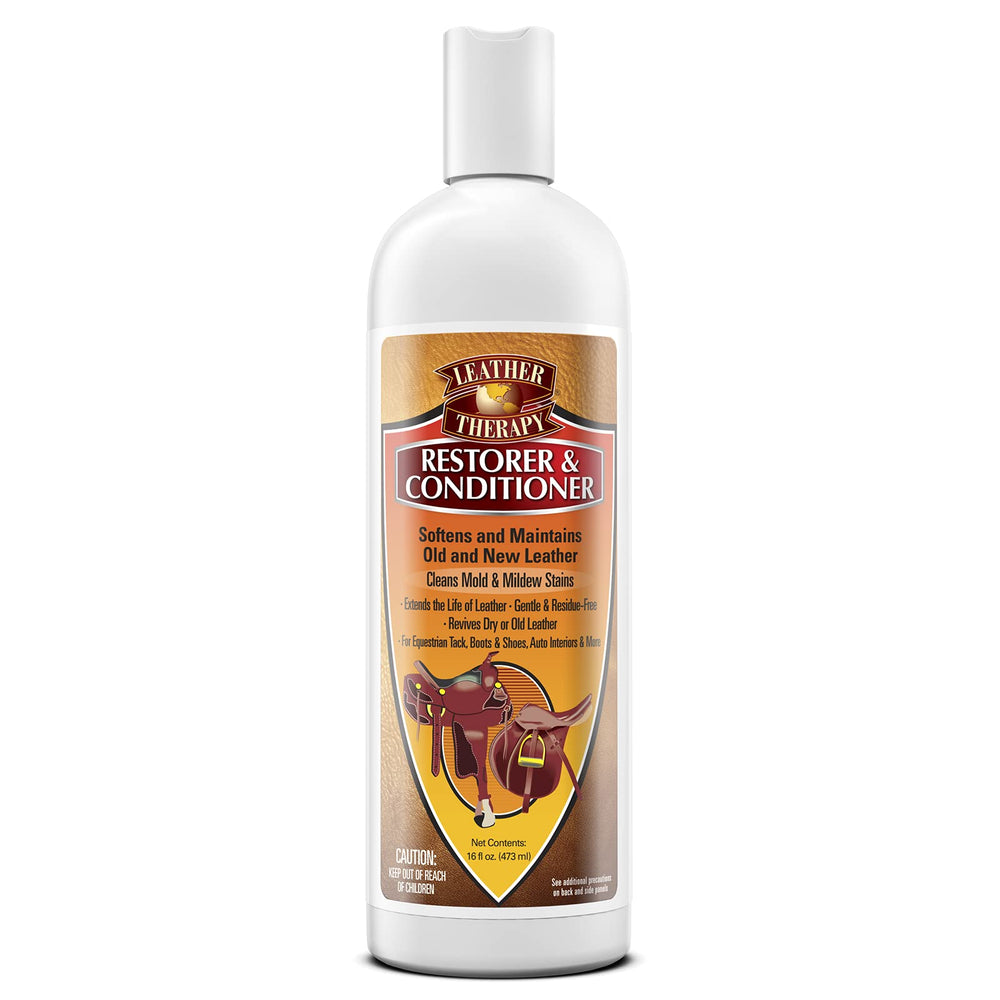 Leather Therapy Premium Restorer bottle pouring to revitalize leather and improve feel.