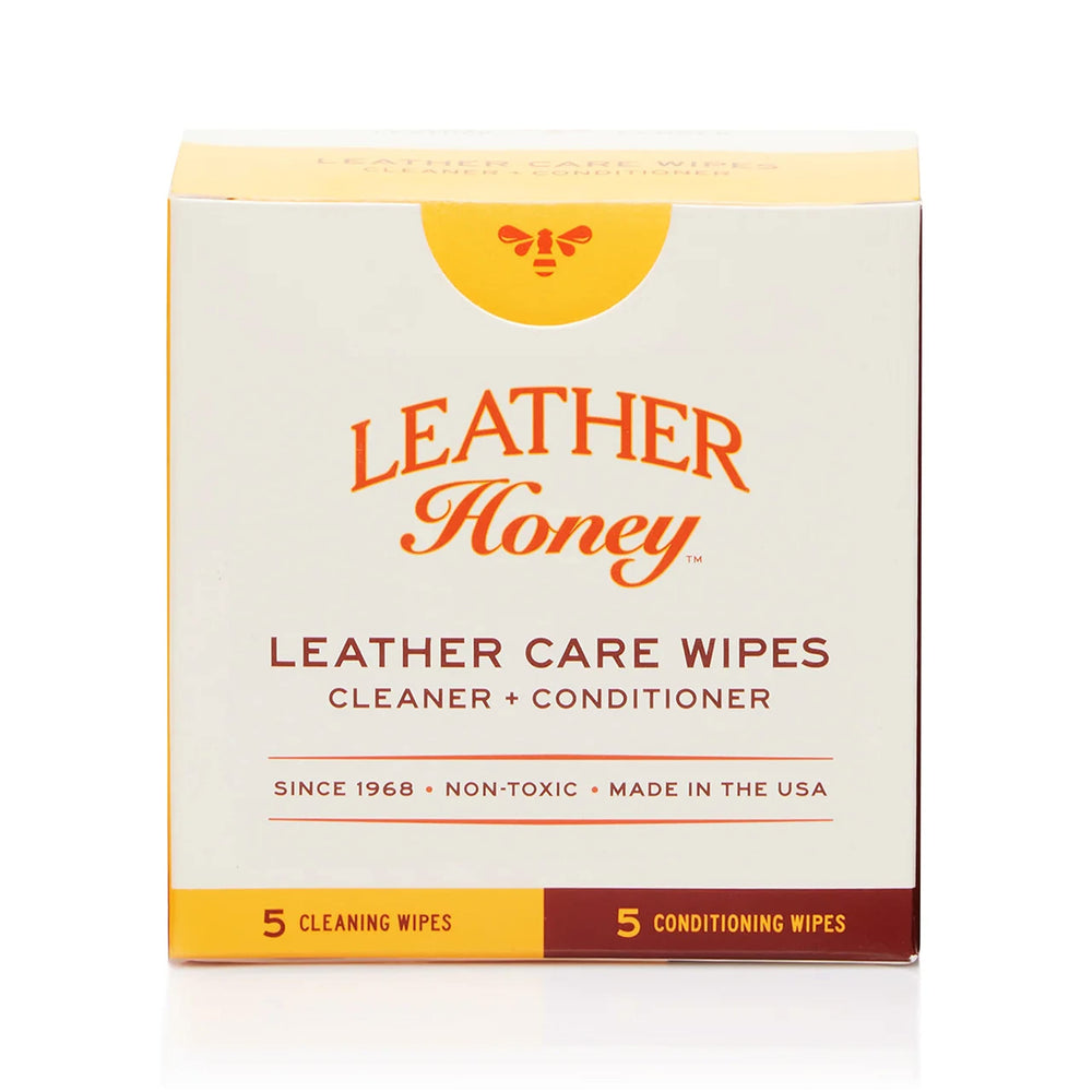 Leather Honey wipe kit packaging for on-the-go leather care benefits