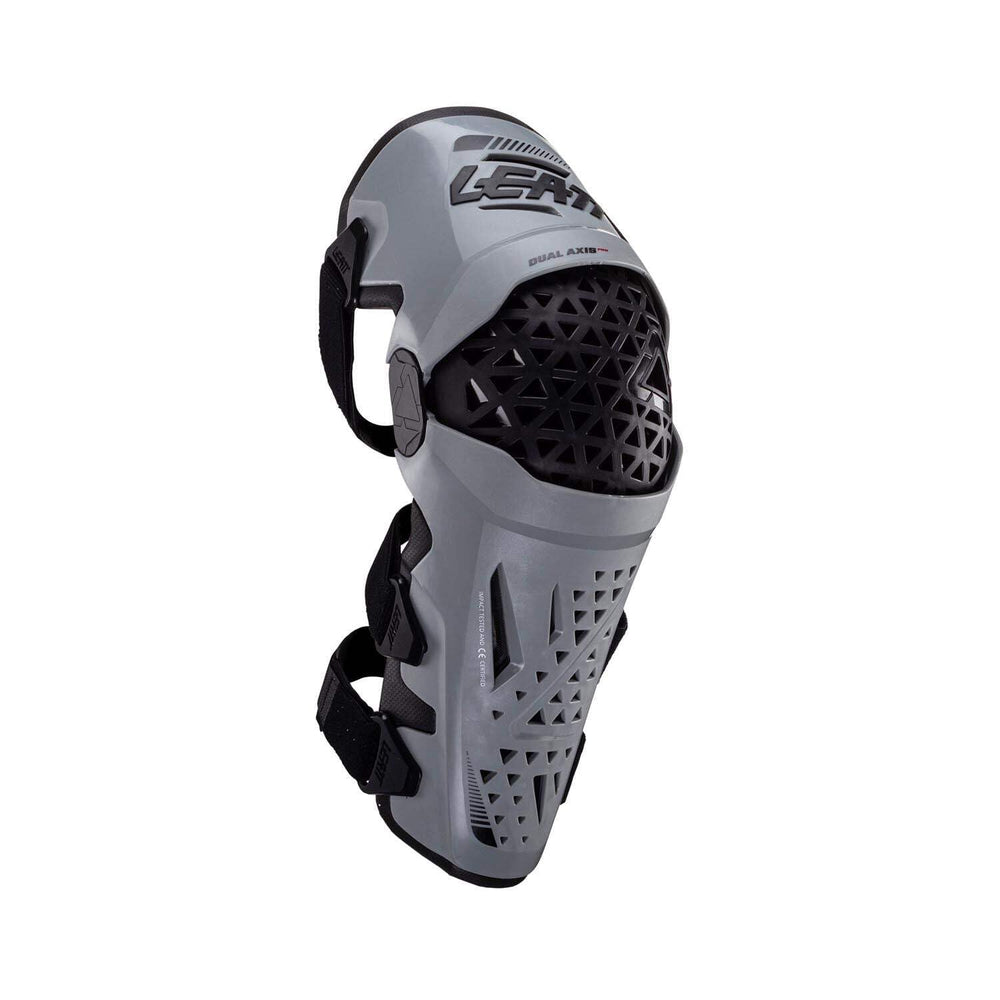 Leatt Dual Axis knee guards white, shin close-up, shielding shins during rough trails.